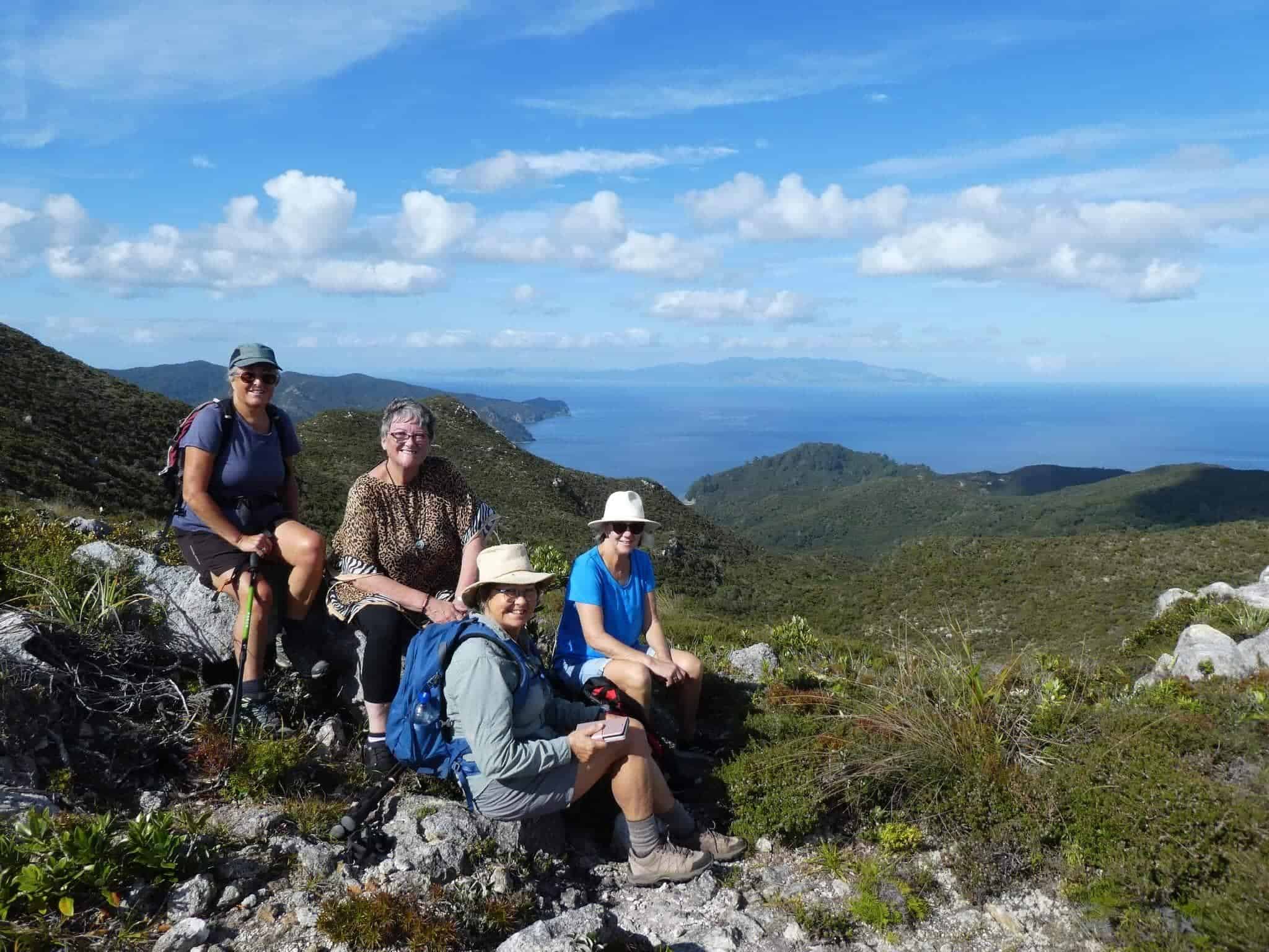 Te Ahumata Peak Great Barrier Island, four female trampers