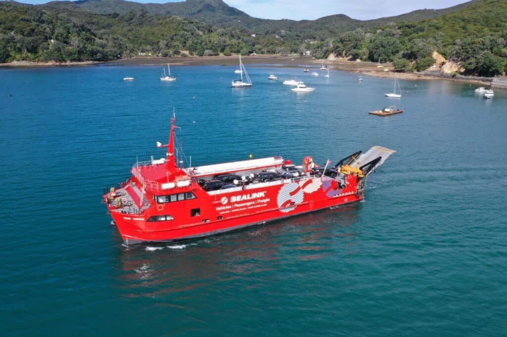 Sealink ferry departing Tryphena Harbour on Great Barrier Island