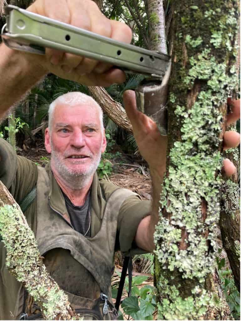 Murray Staples setting bait stations in a tree on Great Barrier Island